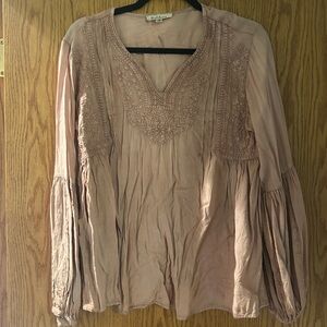 Solitaire Tan Bell Sleeve Blouse Relaxed Embellished